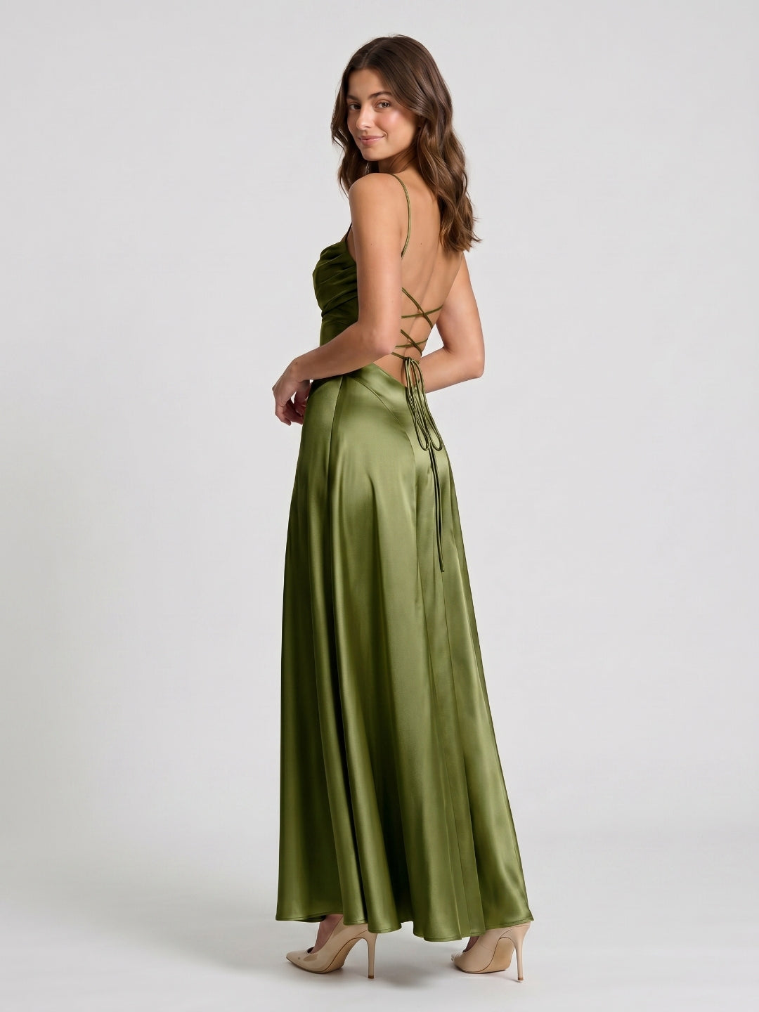 Olive Green Satin A-Line Criss-Cross Straps Floor-Length Formal Dress with Pleating