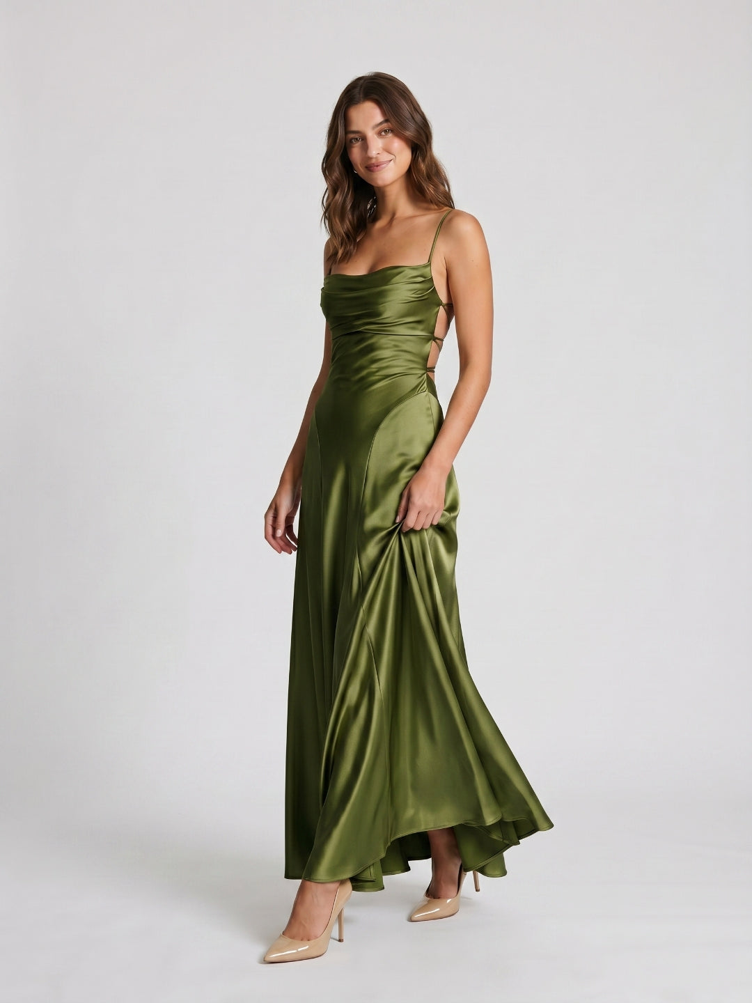 Olive Green Satin A-Line Criss-Cross Straps Floor-Length Formal Dress with Pleating