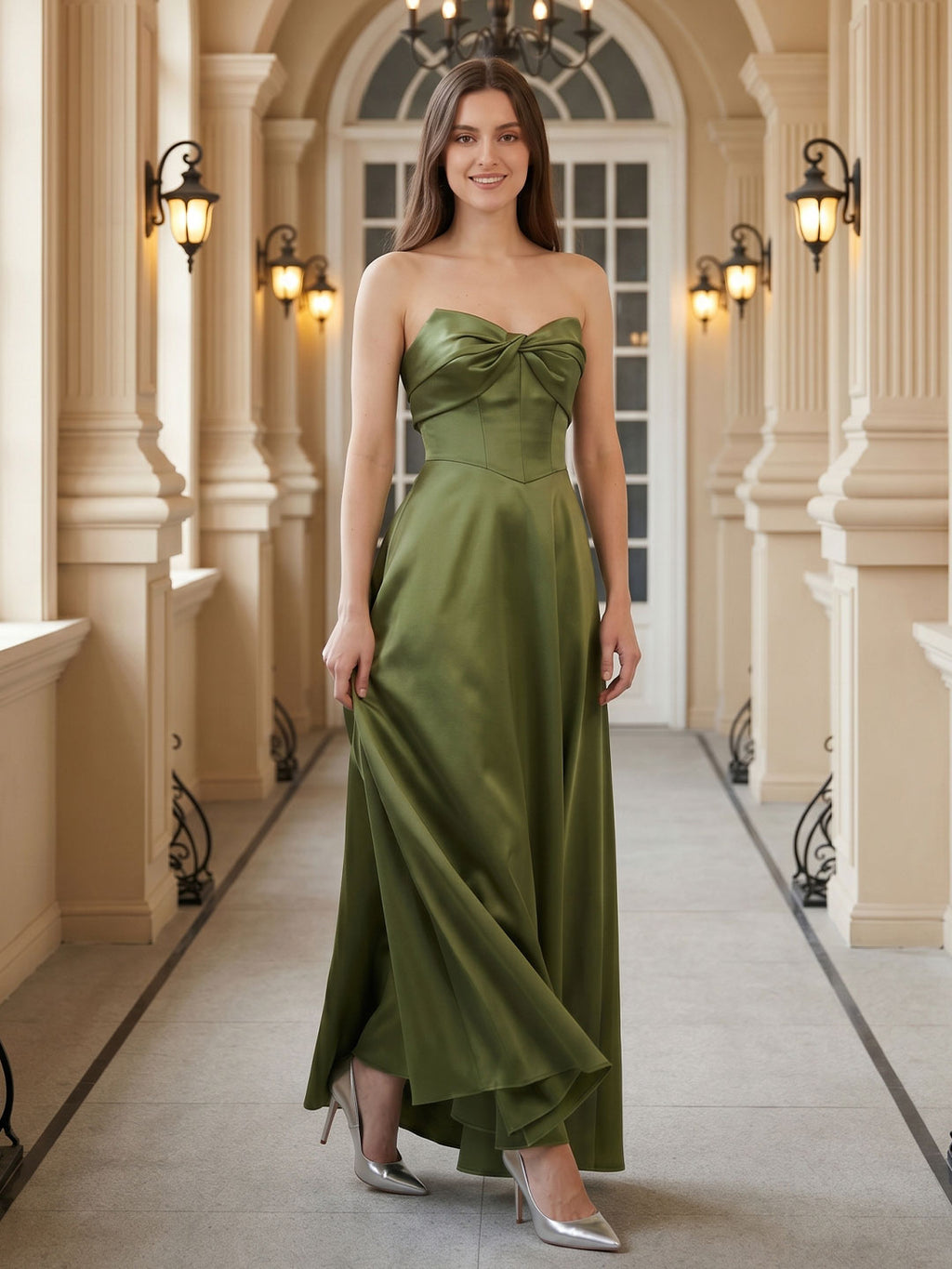 Olive Green Satin A-Line Off-the-Shoulder Back Zip Floor-Length Bridesmaid Dress with Pockets