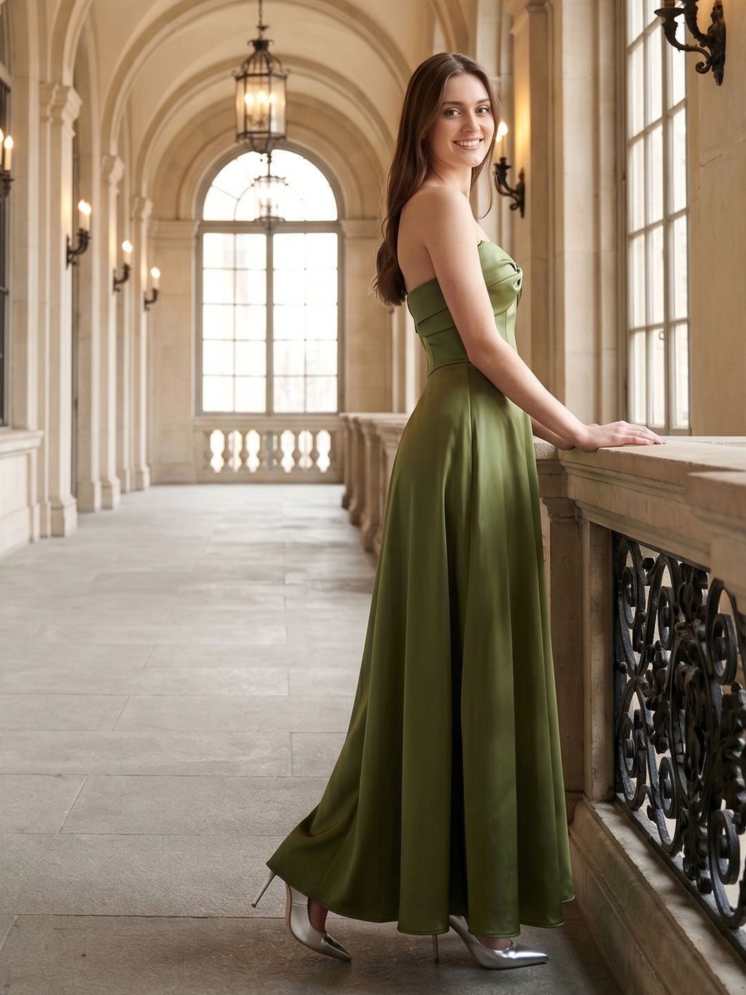 Olive Green Satin A-Line Off-the-Shoulder Back Zip Floor-Length Bridesmaid Dress with Pockets