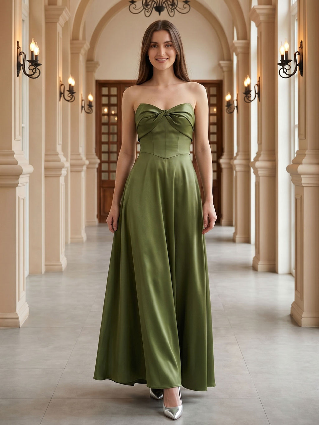 Olive Green Satin A-Line Off-the-Shoulder Back Zip Floor-Length Bridesmaid Dress with Pockets