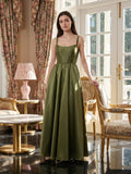 Olive Green Satin A-Line Scoop Neck Backless Floor-Length Bridesmaid Dress with Pockets
