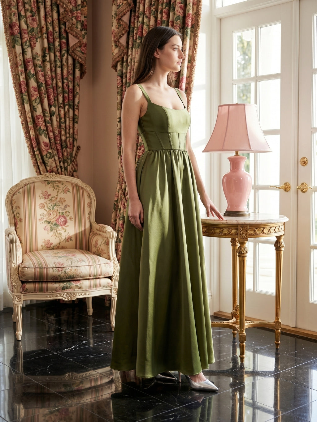 Olive Green Satin A-Line Scoop Neck Backless Floor-Length Bridesmaid Dress with Pockets