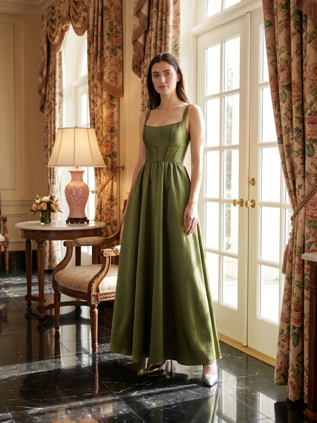 Olive Green Satin A-Line Scoop Neck Backless Floor-Length Bridesmaid Dress with Pockets