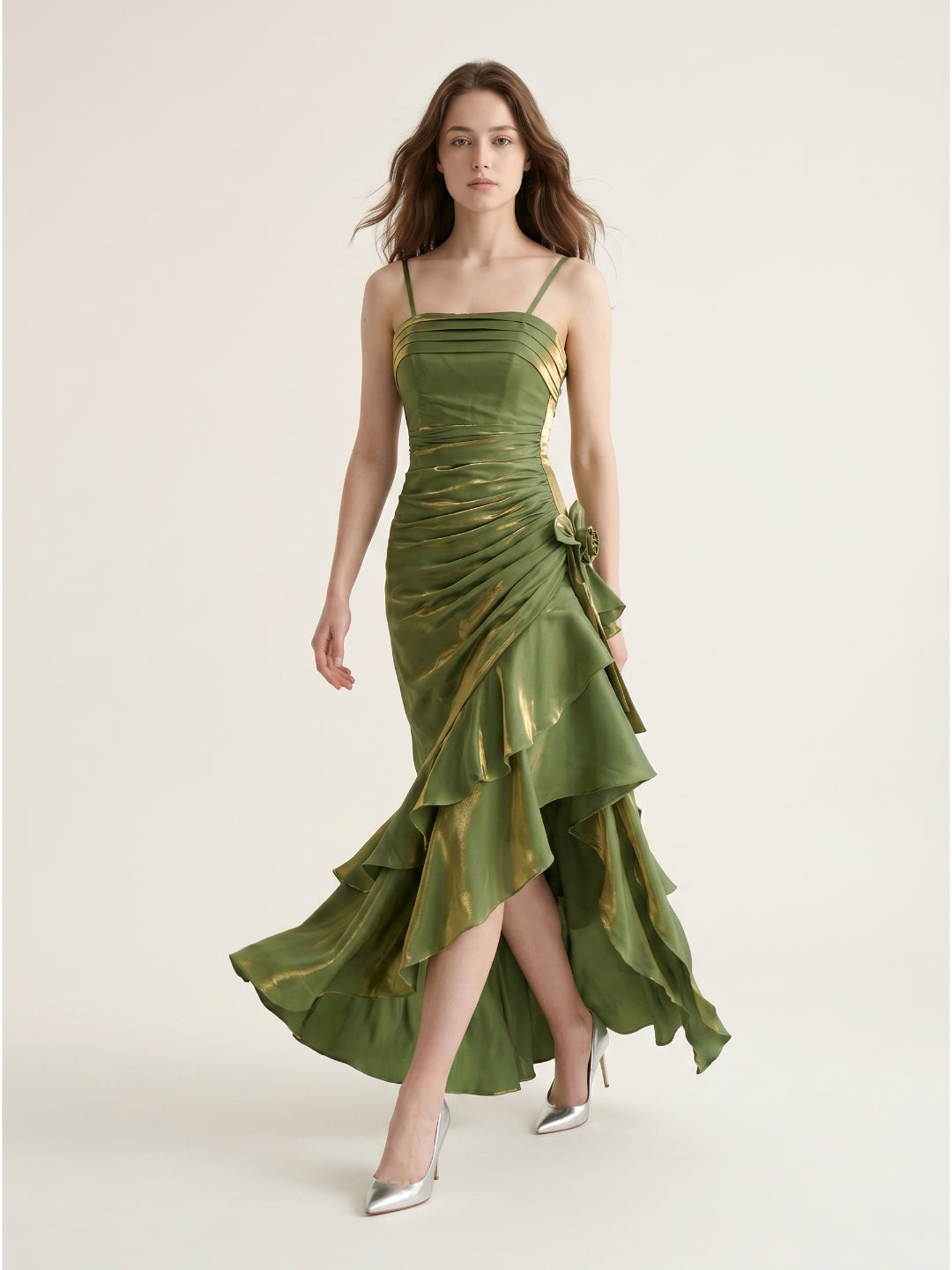 Olive Green Satin A-Line Straight Neck Backless Asymmetrical Prom Dress with Pleats