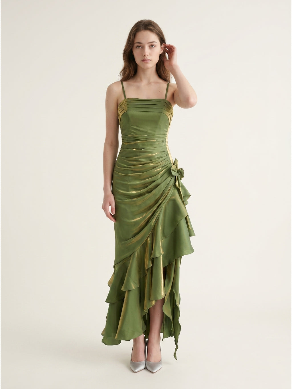 Olive Green Satin A-Line Straight Neck Backless Asymmetrical Prom Dress with Pleats