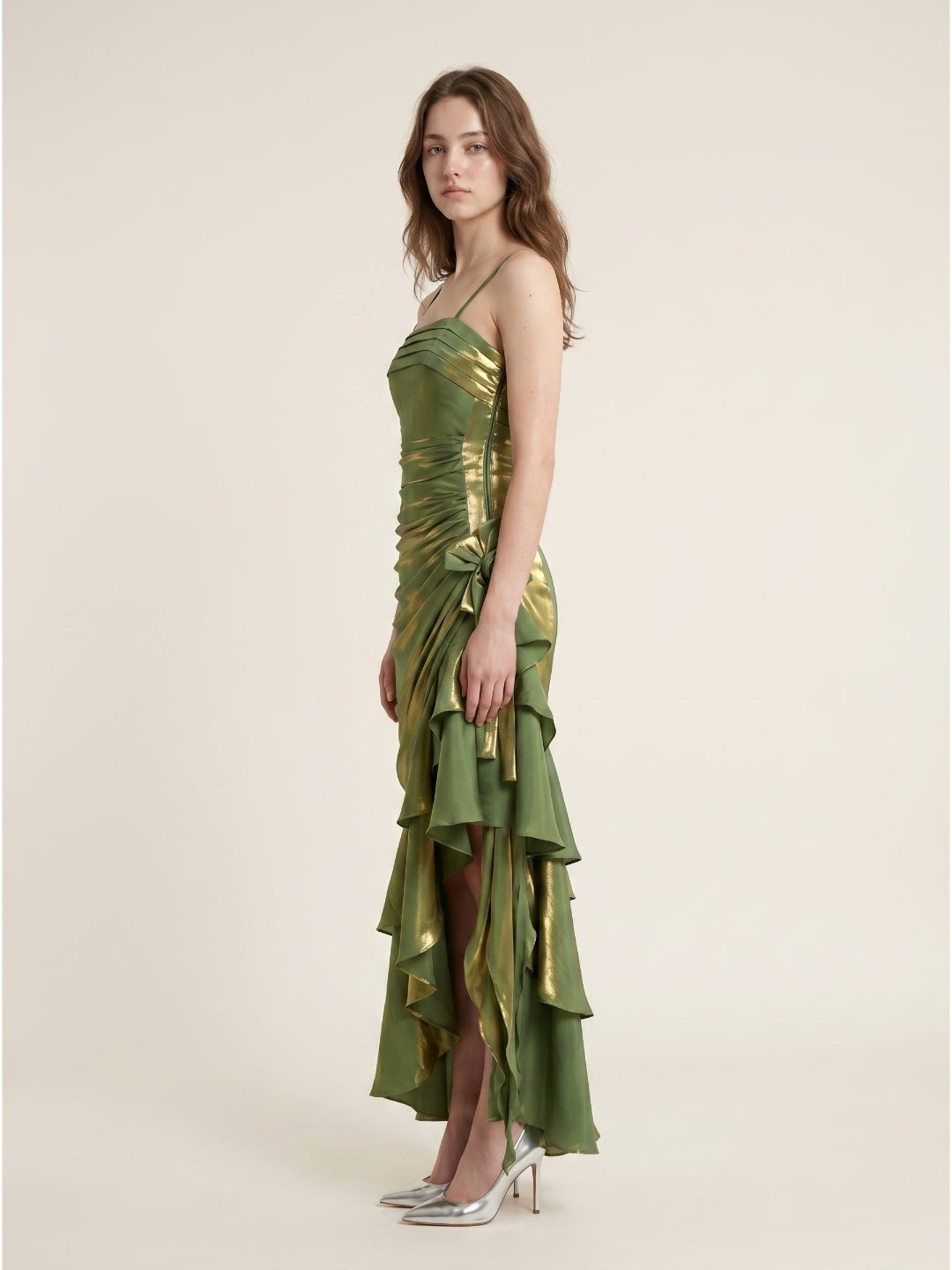 Olive Green Satin A-Line Straight Neck Backless Asymmetrical Prom Dress with Pleats