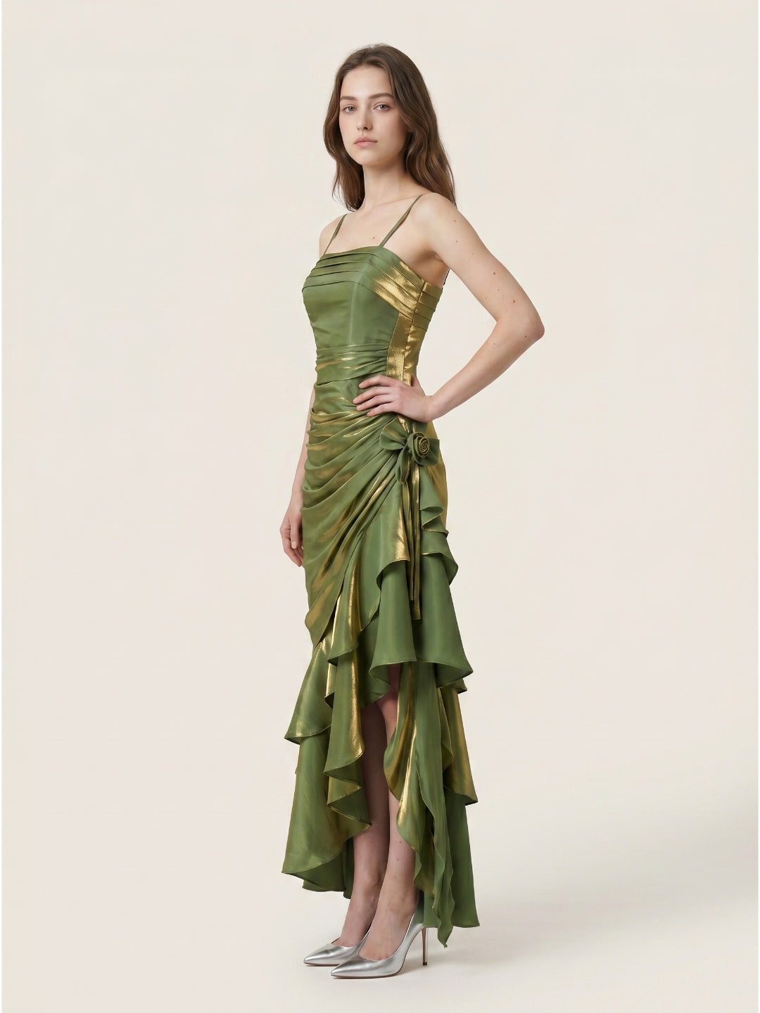 Olive Green Satin A-Line Straight Neck Backless Asymmetrical Prom Dress with Pleats