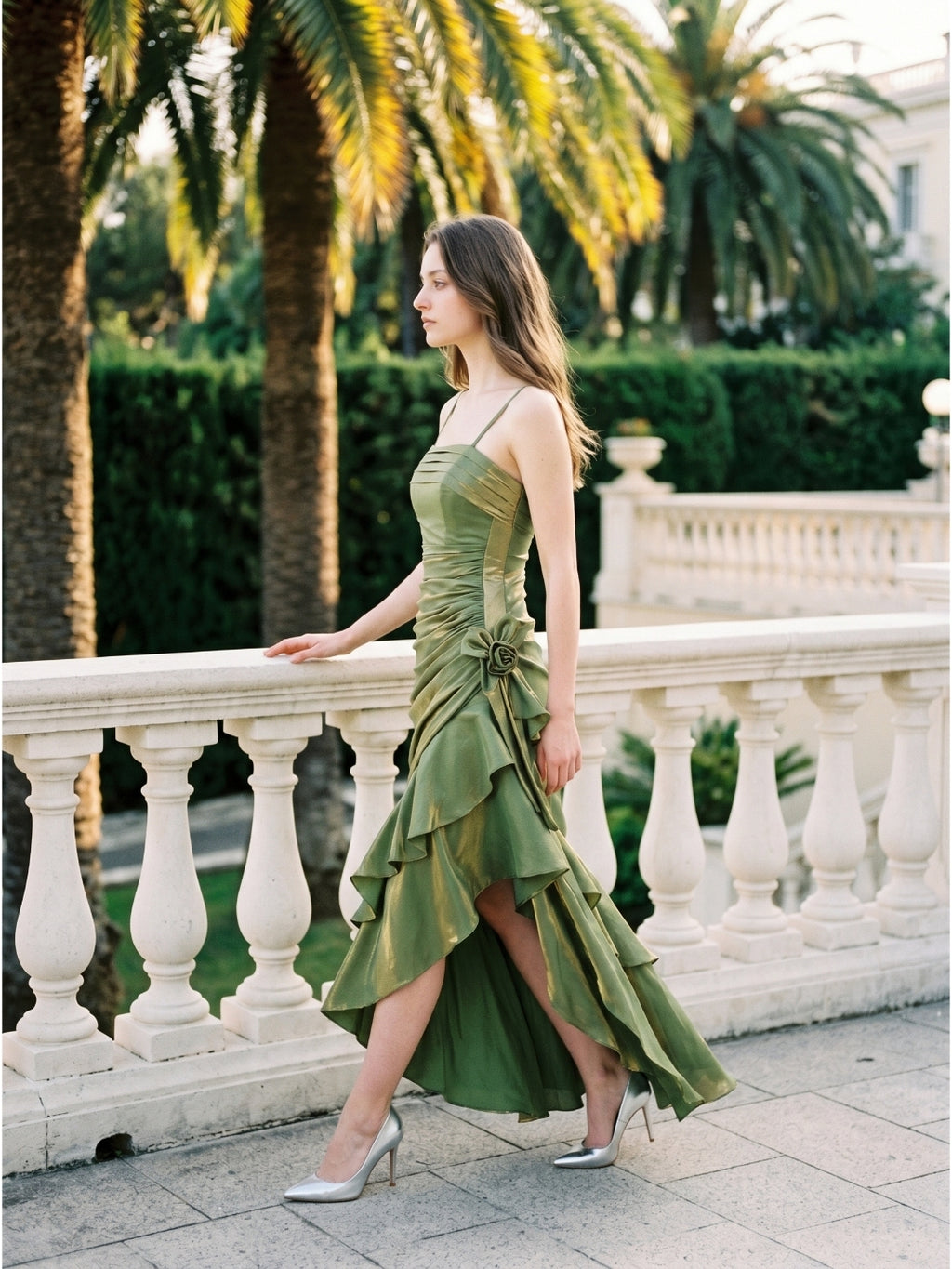 Olive Green Satin A-Line Straight Neck Backless Asymmetrical Prom Dress with Pleats