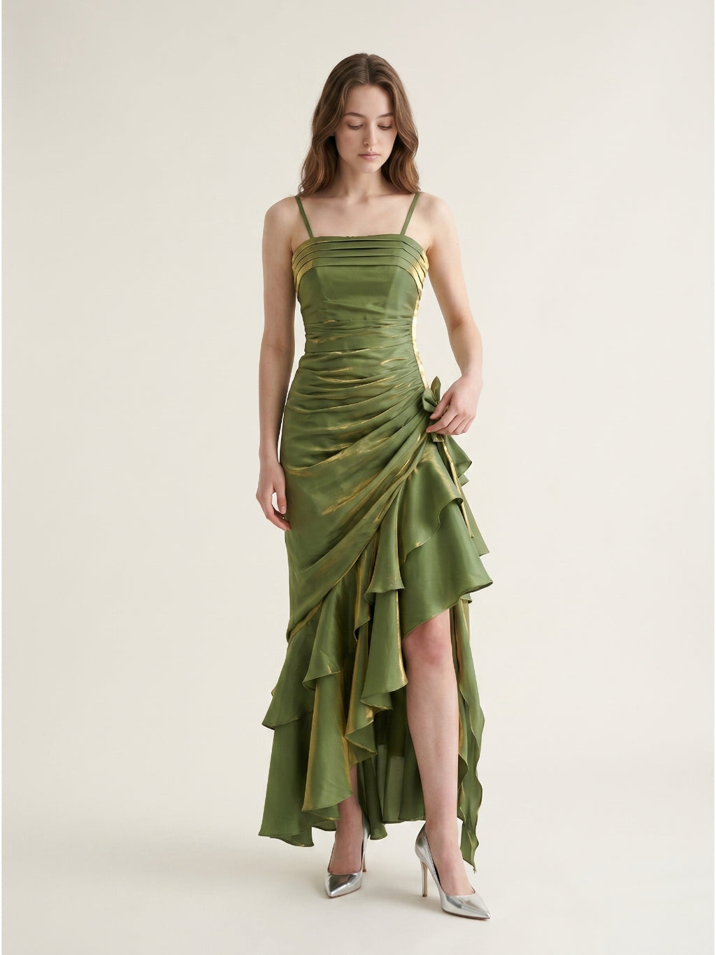 Olive Green Satin A-Line Straight Neck Backless Asymmetrical Prom Dress with Pleats