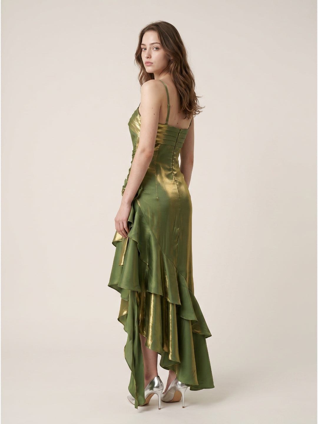 Olive Green Satin A-Line Straight Neck Backless Asymmetrical Prom Dress with Pleats