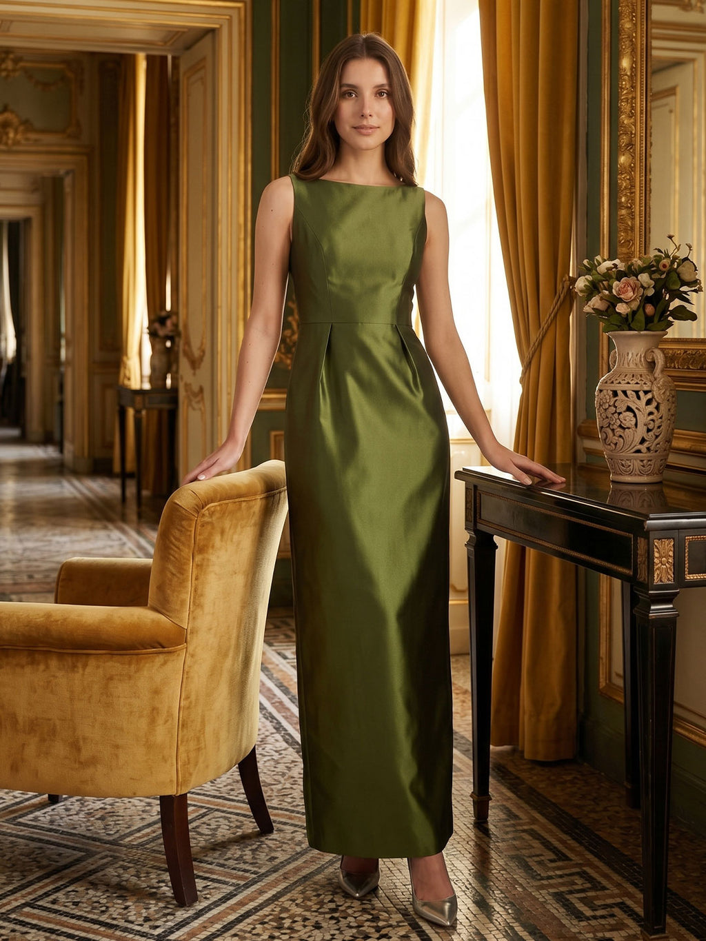 Olive Green Satin Column Straight Neck V-Back Floor-Length Bridesmaid Dress with Pockets