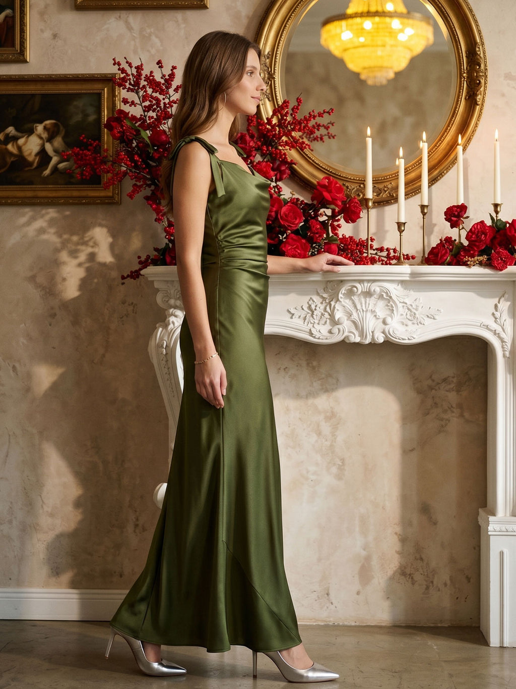 Olive Green Satin Mermaid Cowl Neck Backless Floor-Length Pleated Bridesmaid Dress