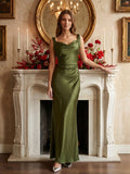 Olive Green Satin Mermaid Cowl Neck Backless Floor-Length Pleated Bridesmaid Dress