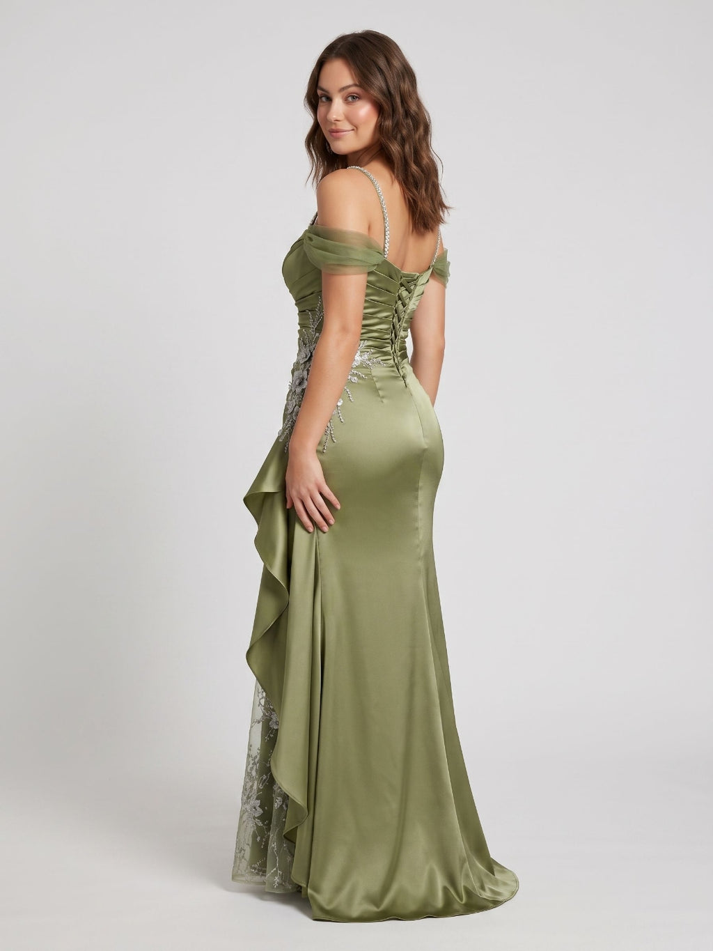 Olive Green Satin Mermaid Sweetheart Lace-Up Back Floor-Length Dress