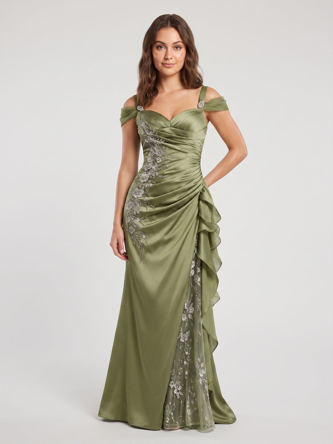 Olive Green Satin Mermaid Sweetheart Lace-Up Back Floor-Length Dress