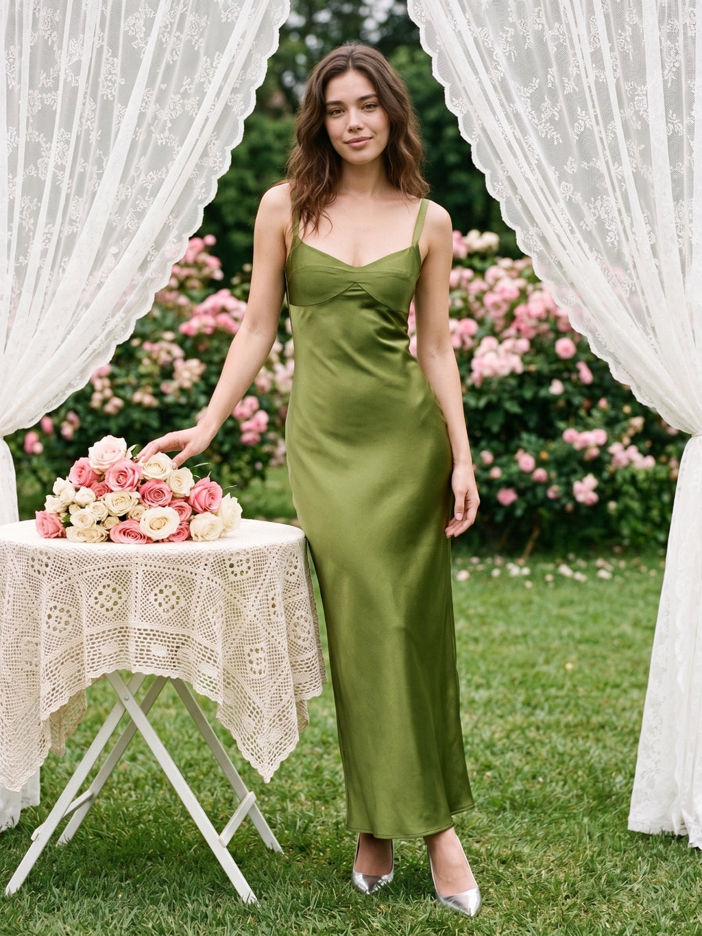 Olive Green Satin Sheath Sweetheart Backless Floor-Length Evening Gown