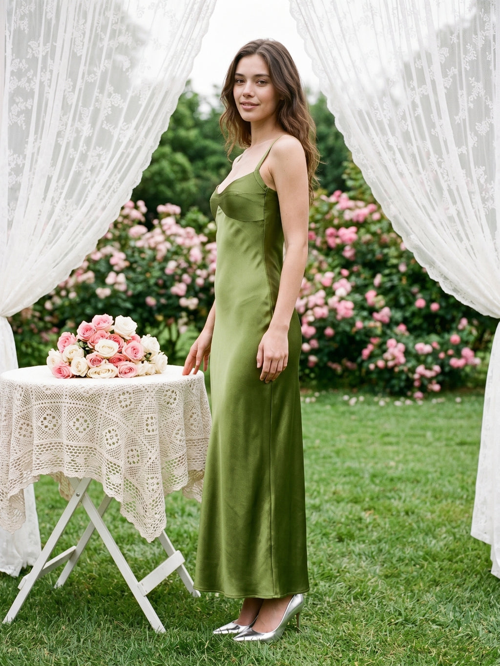 Olive Green Satin Sheath Sweetheart Backless Floor-Length Evening Gown