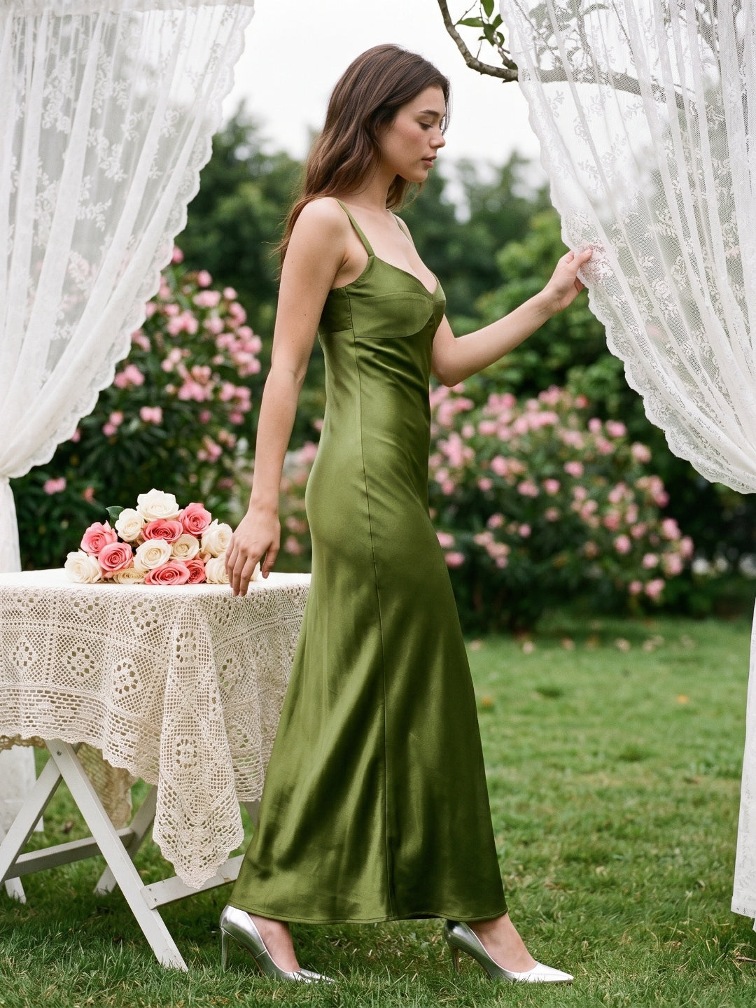 Olive Green Satin Sheath Sweetheart Backless Floor-Length Evening Gown