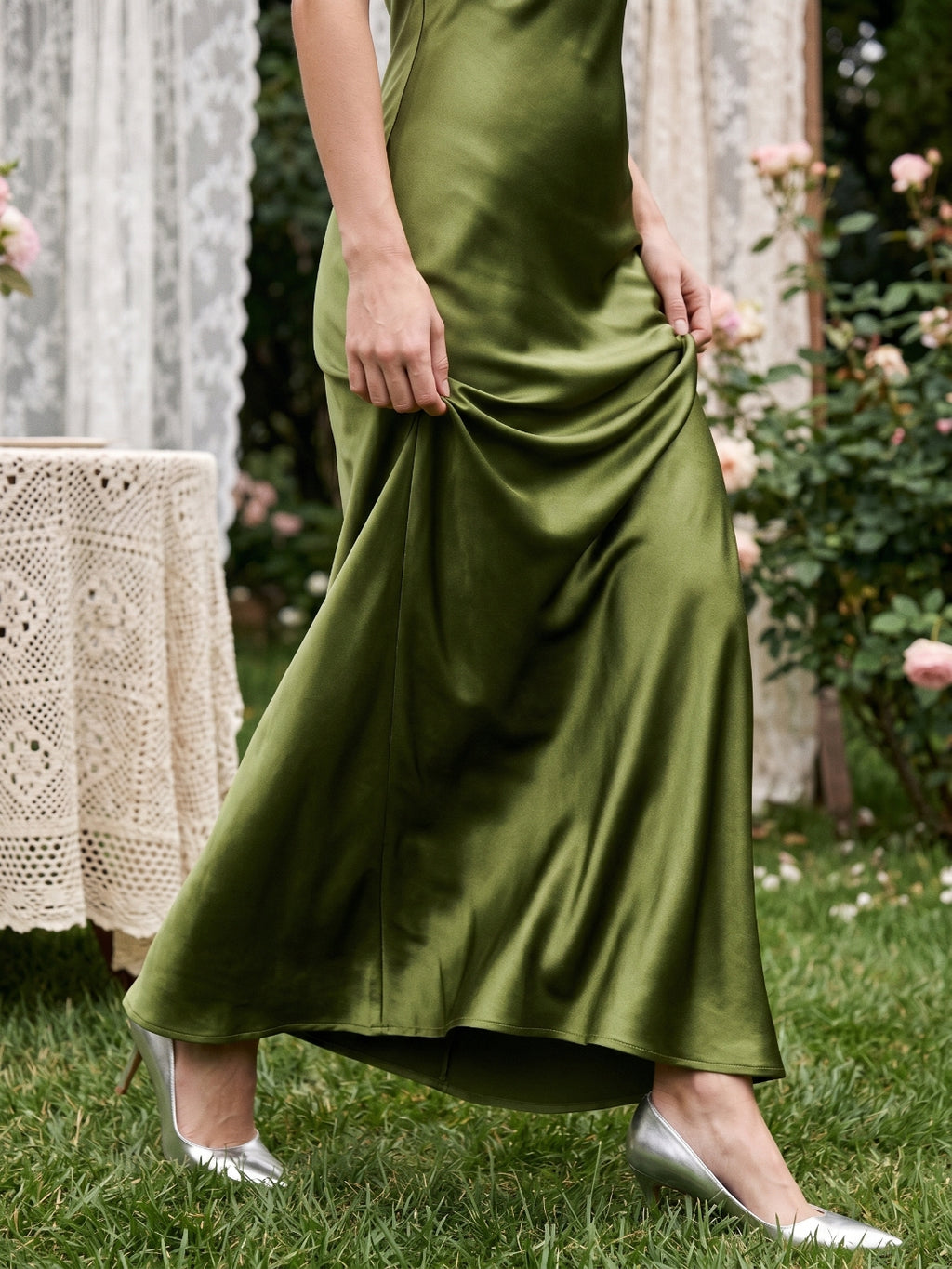 Olive Green Satin Sheath Sweetheart Backless Floor-Length Evening Gown