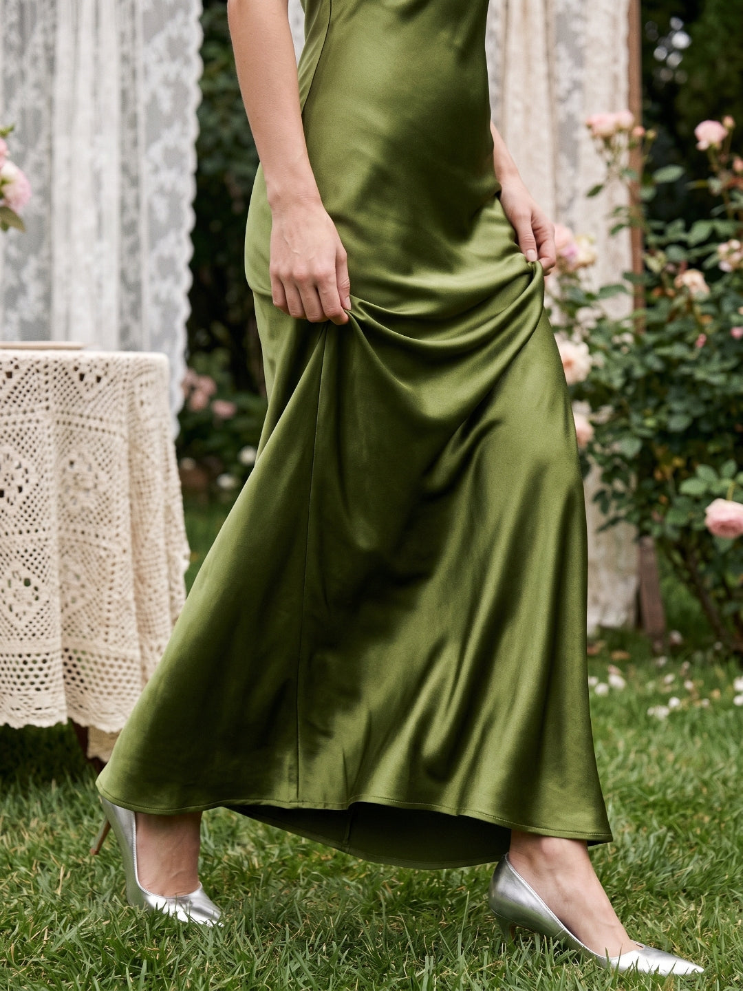 Olive Green Satin Sheath Sweetheart Backless Floor-Length Evening Gown
