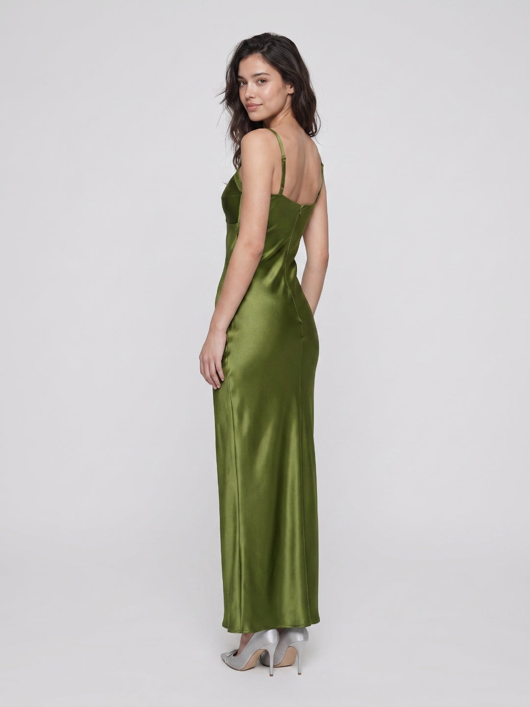 Olive Green Satin Sheath Sweetheart Backless Floor-Length Evening Gown