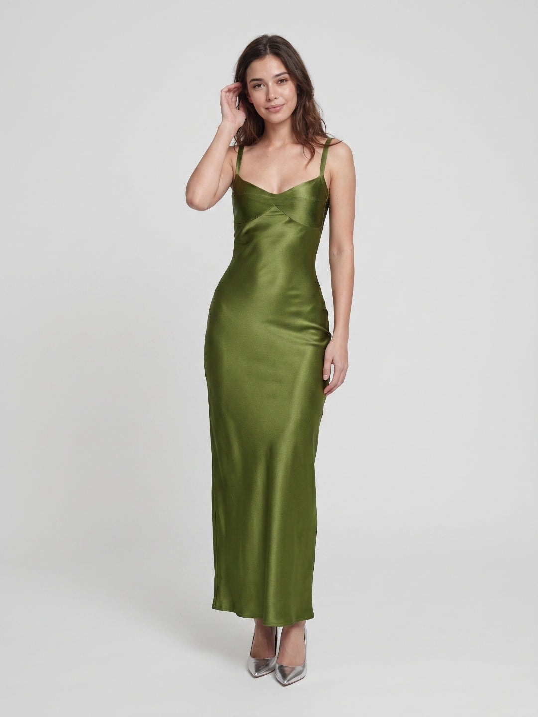 Olive Green Satin Sheath Sweetheart Backless Floor-Length Evening Gown