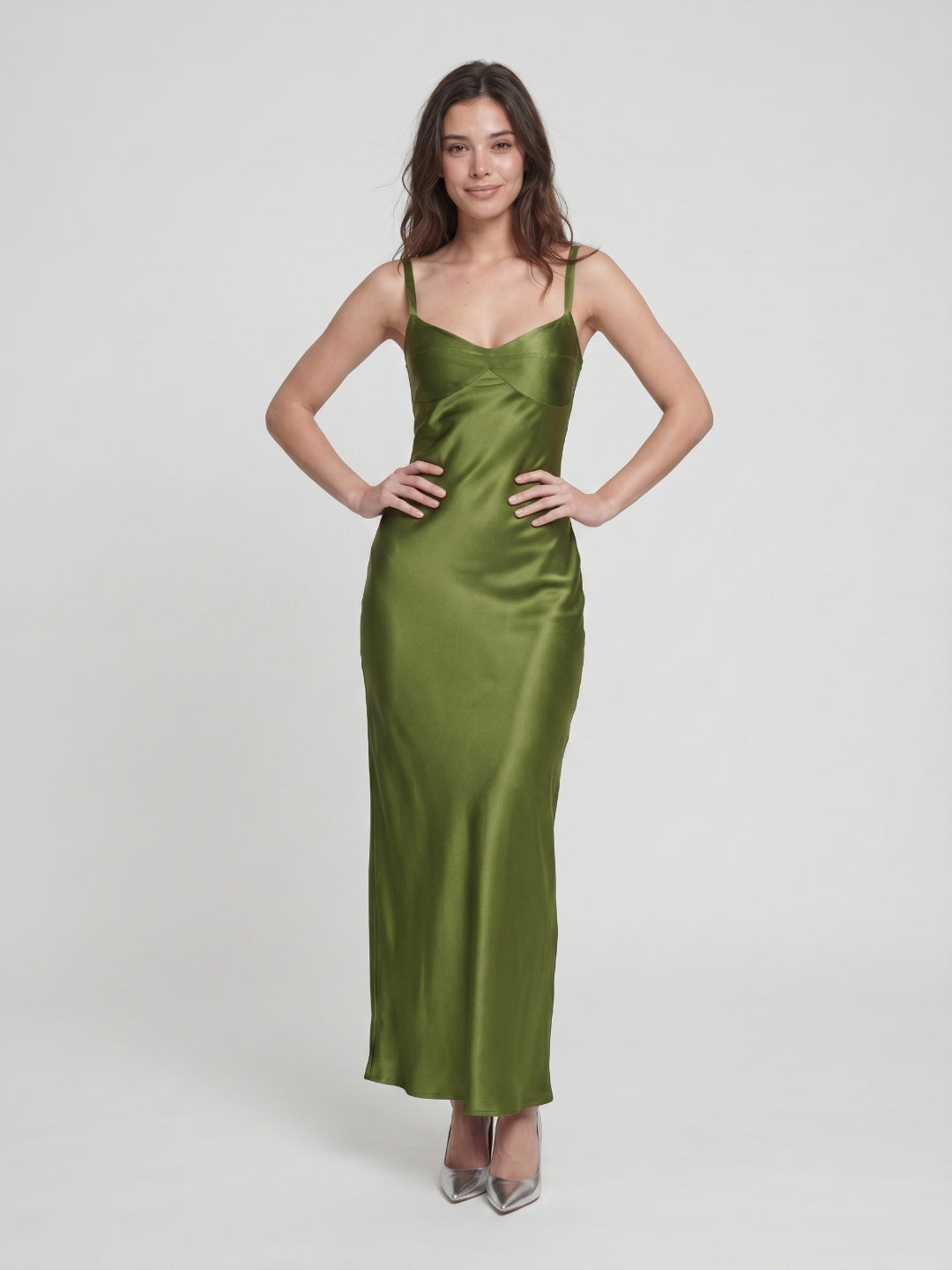 Olive Green Satin Sheath Sweetheart Backless Floor-Length Evening Gown