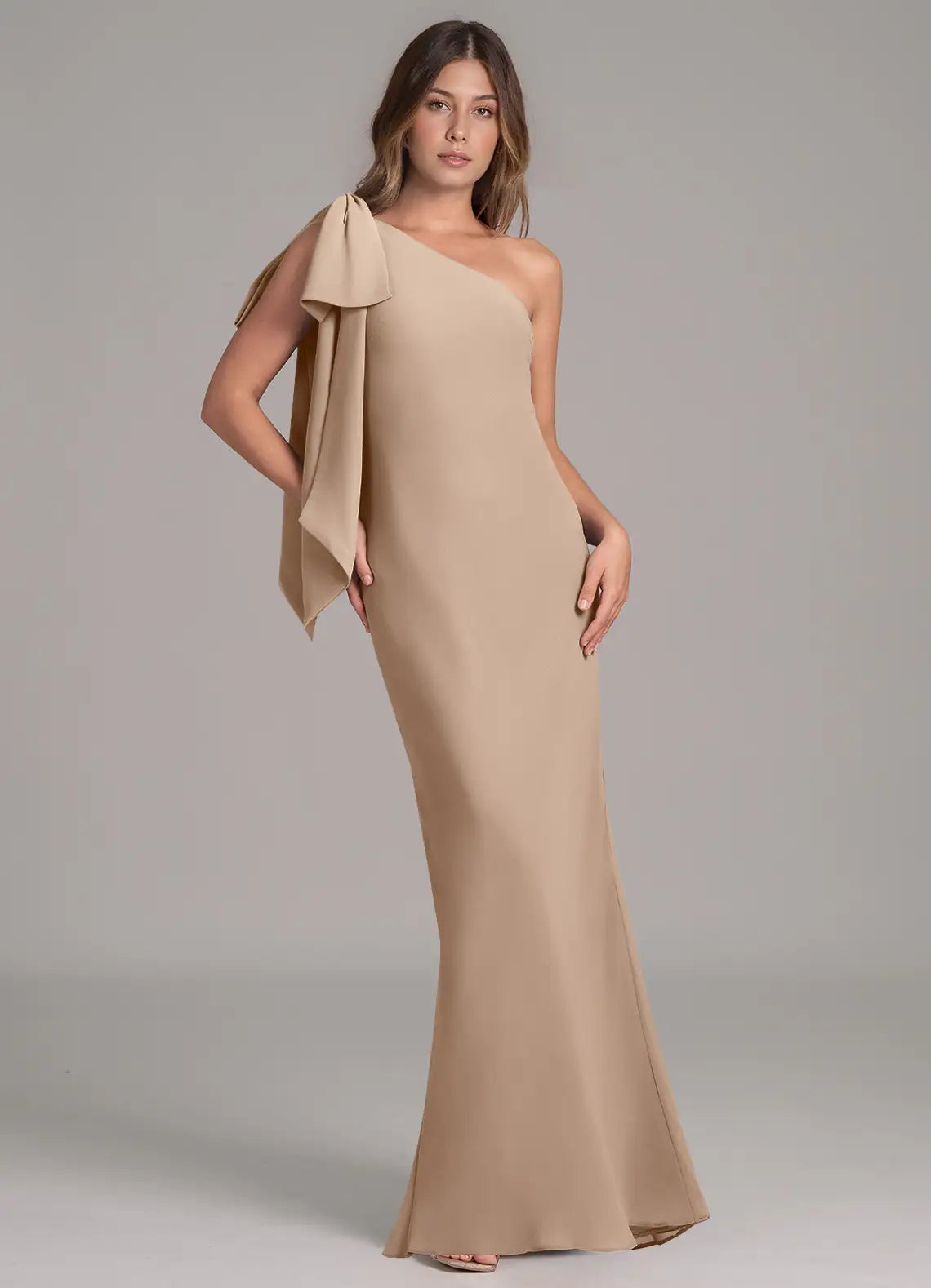 One-Shoulder Bridesmaid Dress with Dramatic Shoulder Bow, Mermaid Skirt and Back Slit