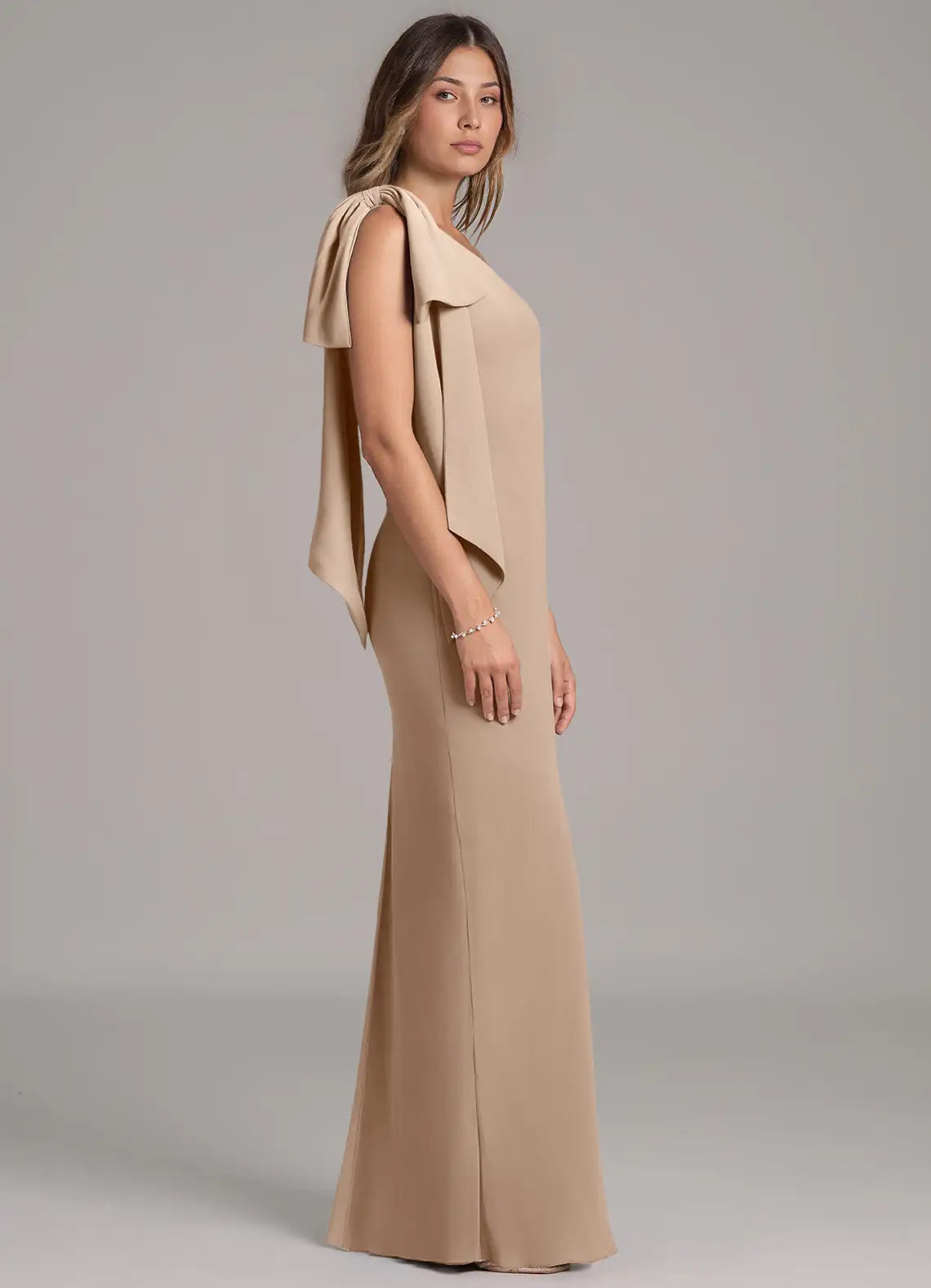 One-Shoulder Bridesmaid Dress with Dramatic Shoulder Bow, Mermaid Skirt and Back Slit