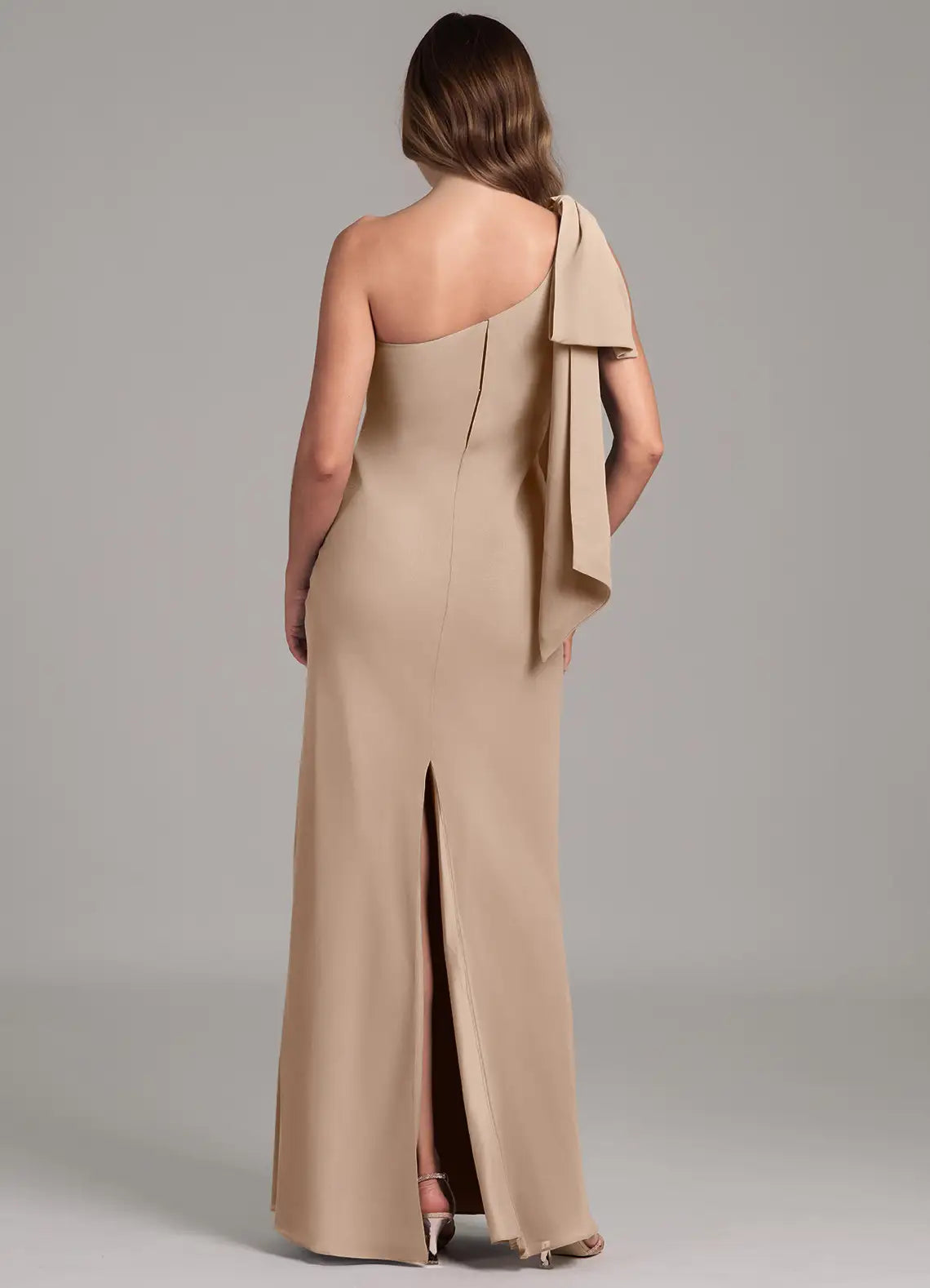 One-Shoulder Bridesmaid Dress with Dramatic Shoulder Bow, Mermaid Skirt and Back Slit