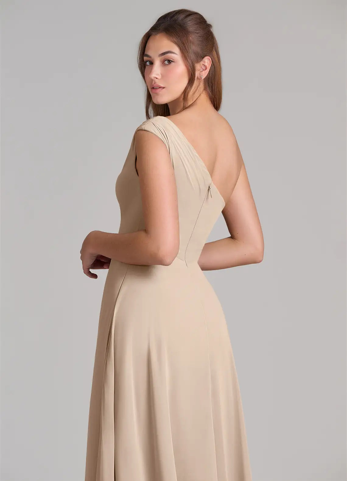 One-Shoulder Chiffon Bridesmaid Dress with Pockets, High Slit and Pleated Bodice
