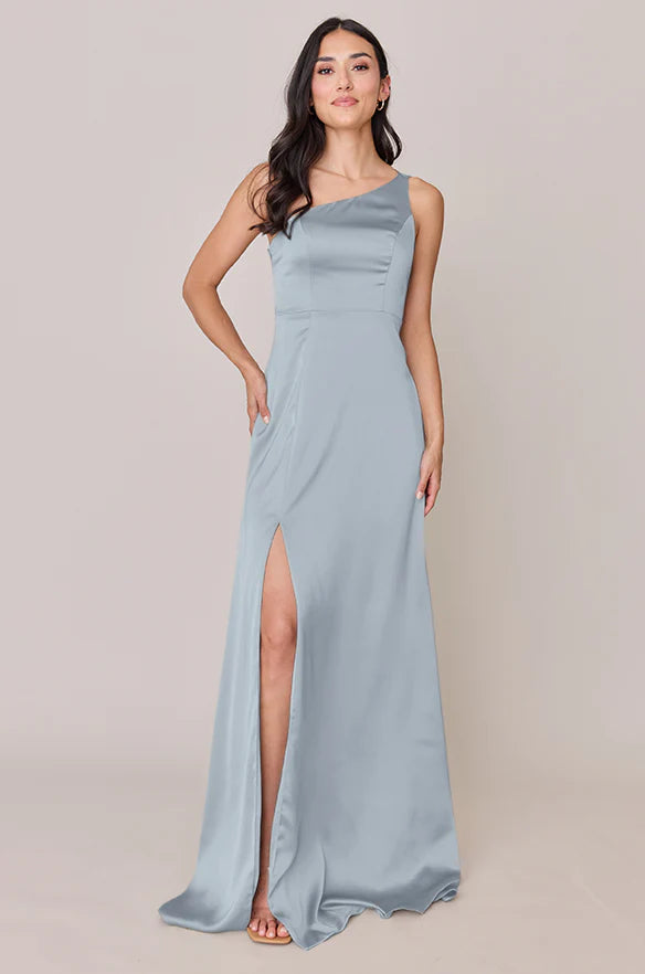 One-Shoulder Satin Bridesmaid Dress with Asymmetric Adjustable Strap, Side High Slit & Slim Floor-Length Silhouette