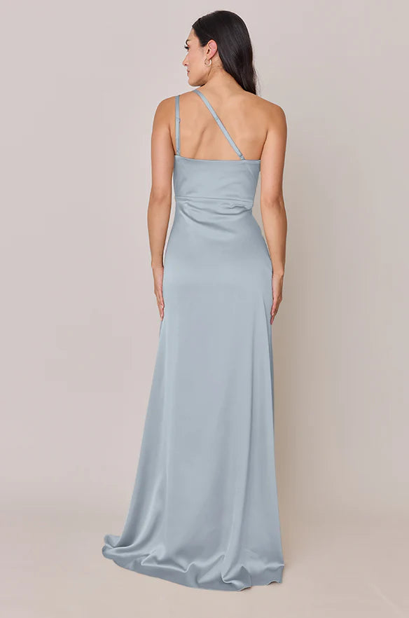 One-Shoulder Satin Bridesmaid Dress with Asymmetric Adjustable Strap, Side High Slit & Slim Floor-Length Silhouette