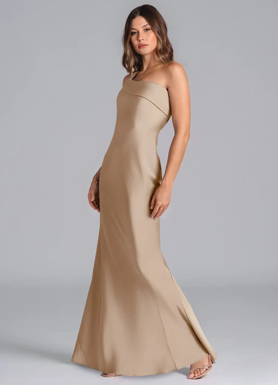 One-Shoulder Satin Bridesmaid Dress with Back Bow Detail and Mermaid Skirt