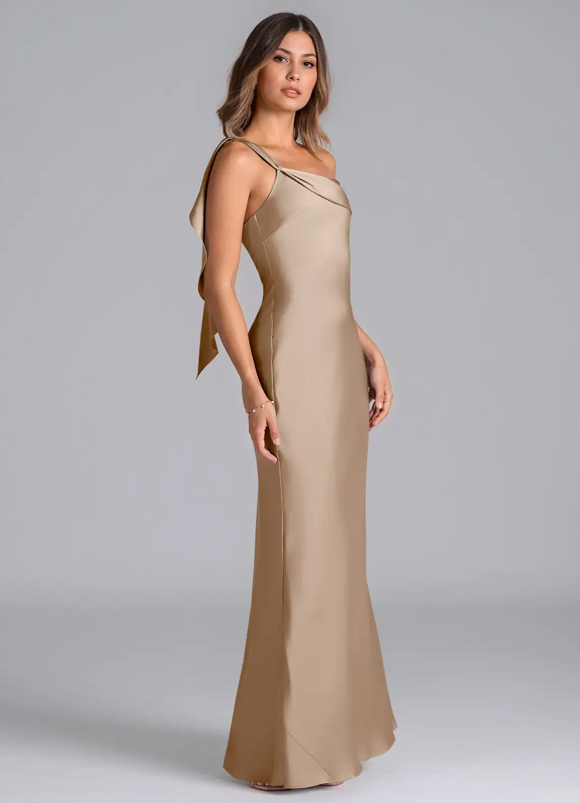 One-Shoulder Satin Bridesmaid Dress with Back Bow Detail and Mermaid Skirt