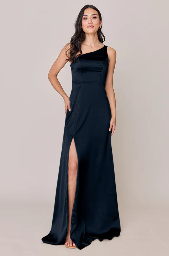 One-Shoulder Satin Bridesmaid Dress with Ruched Back & High Thigh Slit