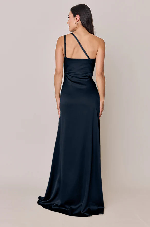 One-Shoulder Satin Bridesmaid Dress with Ruched Back & High Thigh Slit
