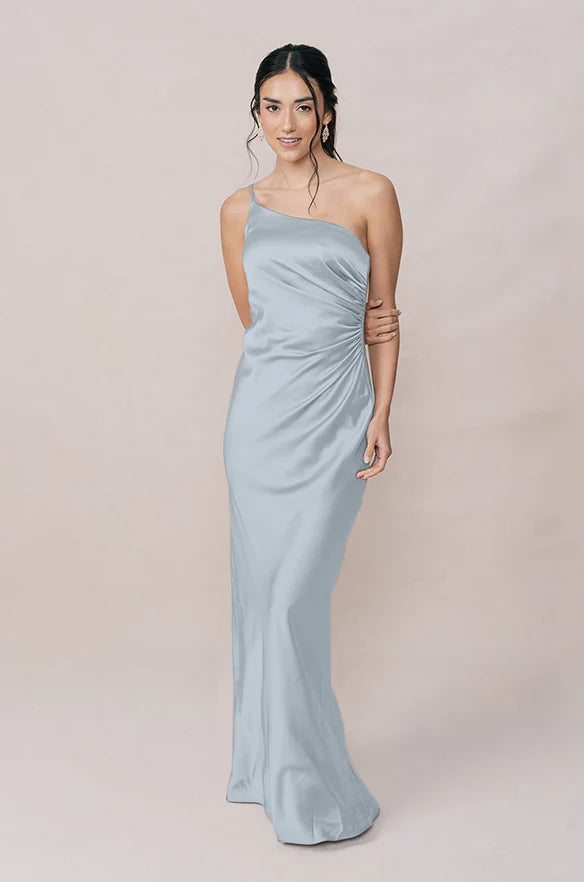 One-Shoulder Satin Bridesmaid Dress with Ruched Side, Adjustable Thin Strap & Side High Slit Maxi Silhouette