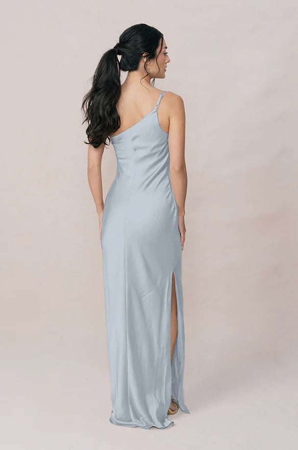 One-Shoulder Satin Bridesmaid Dress with Ruched Side, Adjustable Thin Strap & Side High Slit Maxi Silhouette