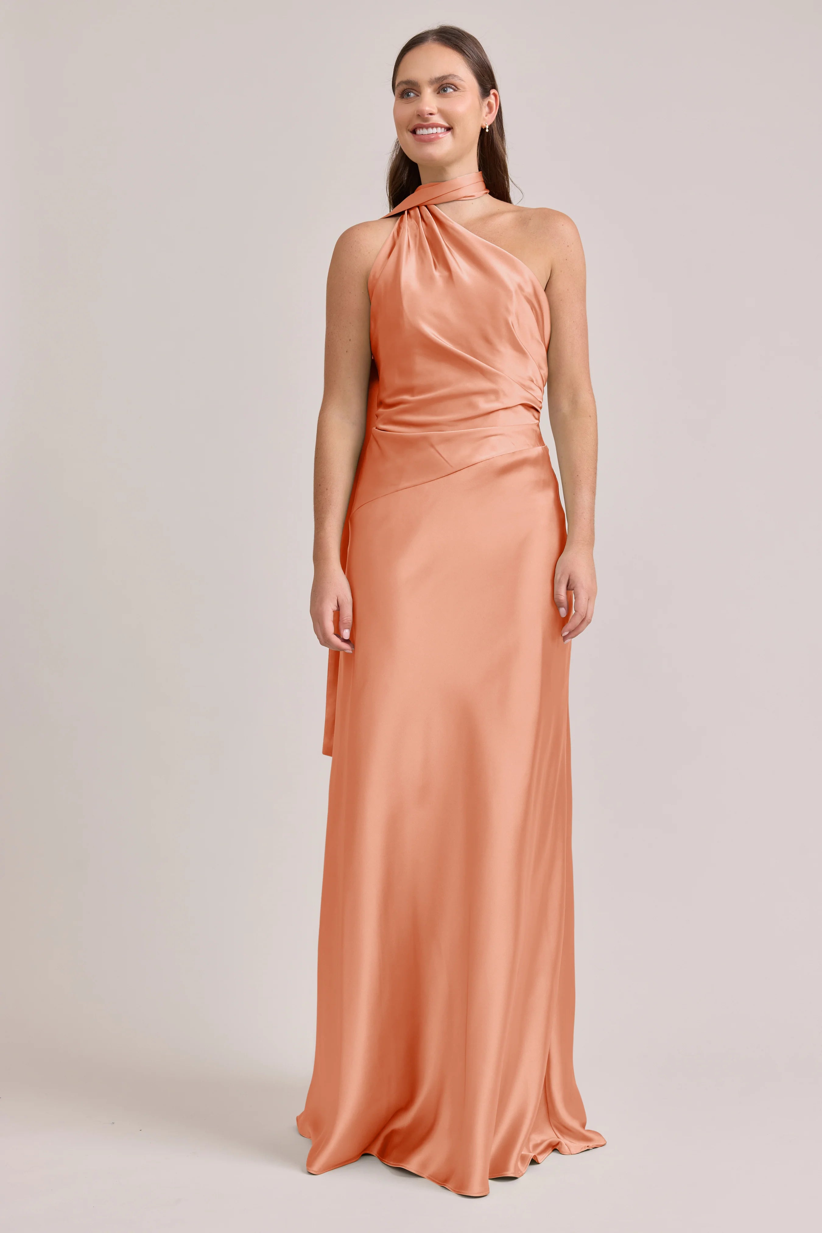 One-Shoulder Halter Satin Bridesmaid Dress with Asymmetrical Drape Panel & Low Open Back
