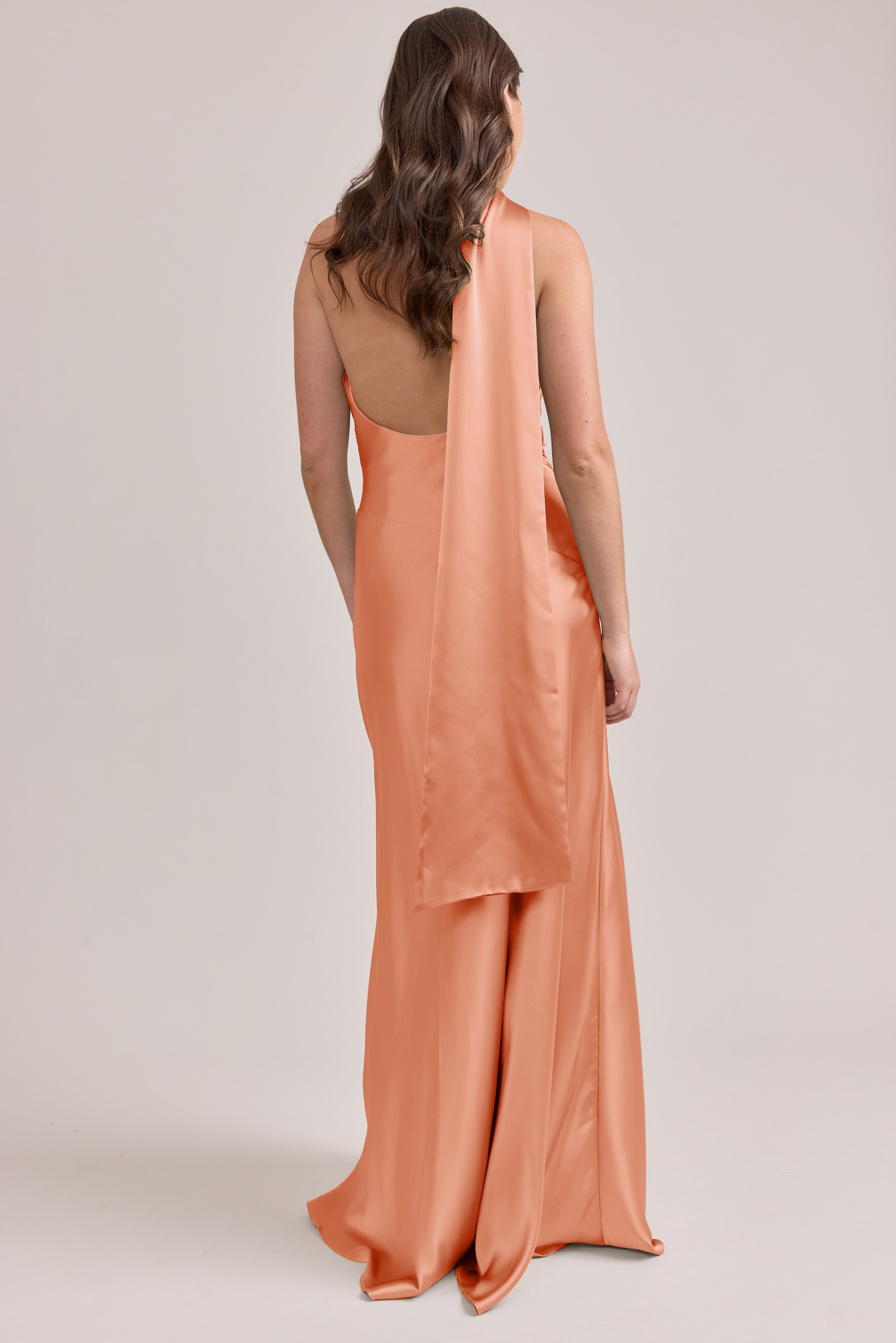 One-Shoulder Halter Satin Bridesmaid Dress with Asymmetrical Drape Panel & Low Open Back