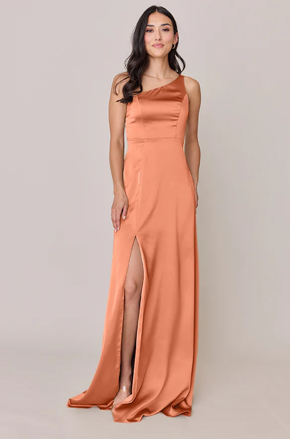 One-Shoulder Satin Bridesmaid Dress with High Side Slit & Sweep Train