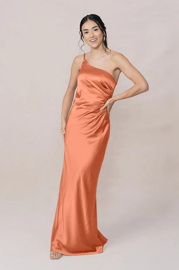 One-Shoulder Satin Bridesmaid Dress with Ruched Bodice & High Side Slit