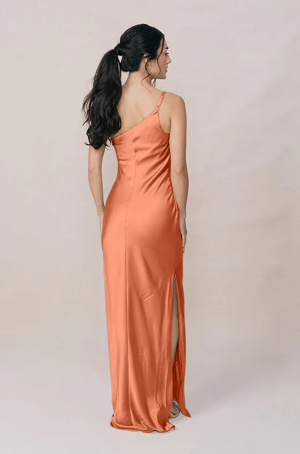 One-Shoulder Satin Bridesmaid Dress with Ruched Bodice & High Side Slit