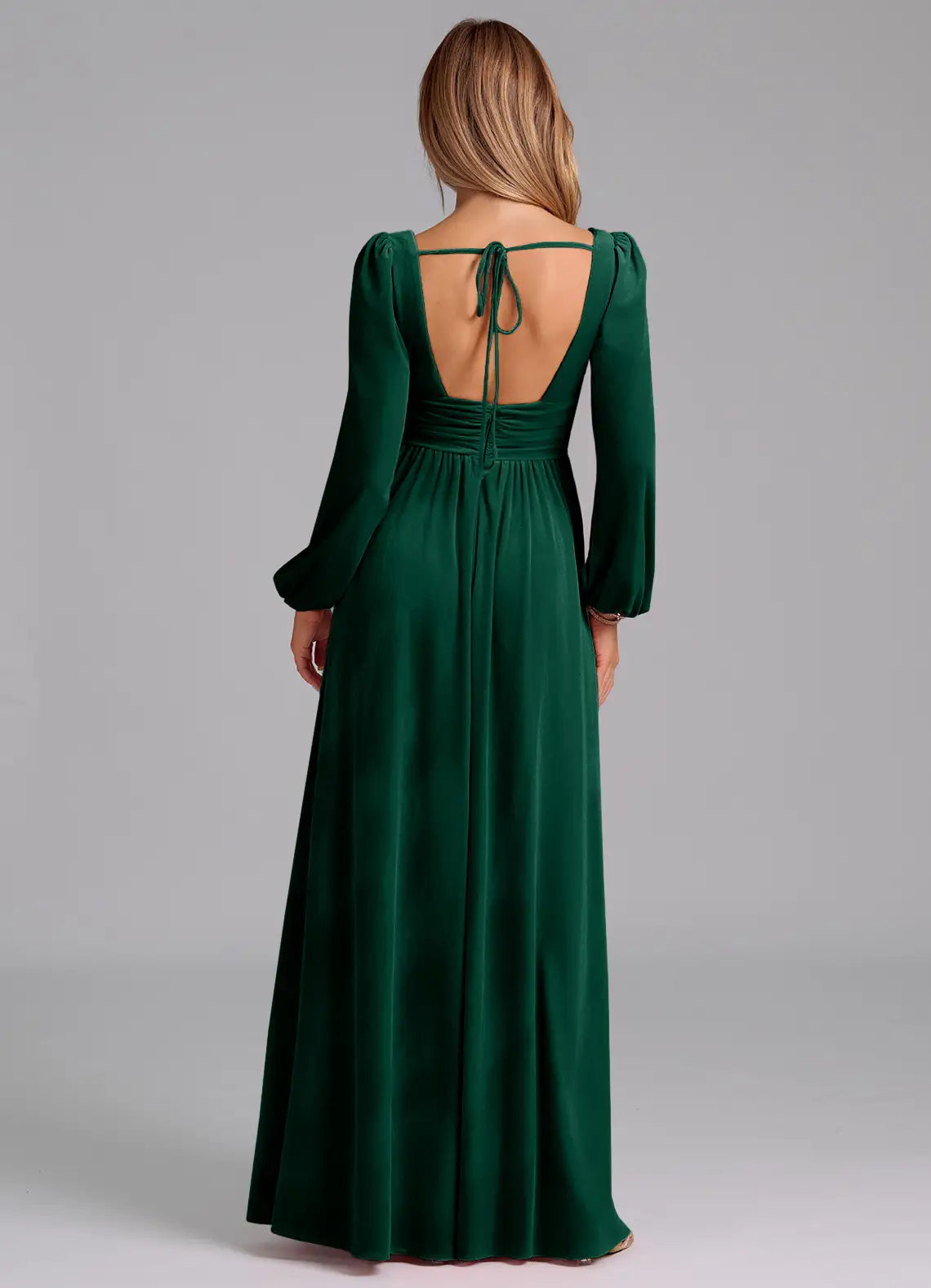 Opulent A-Line Deep V Neck Puff Sleeve Tie Back Floor Length Bridesmaid Dress