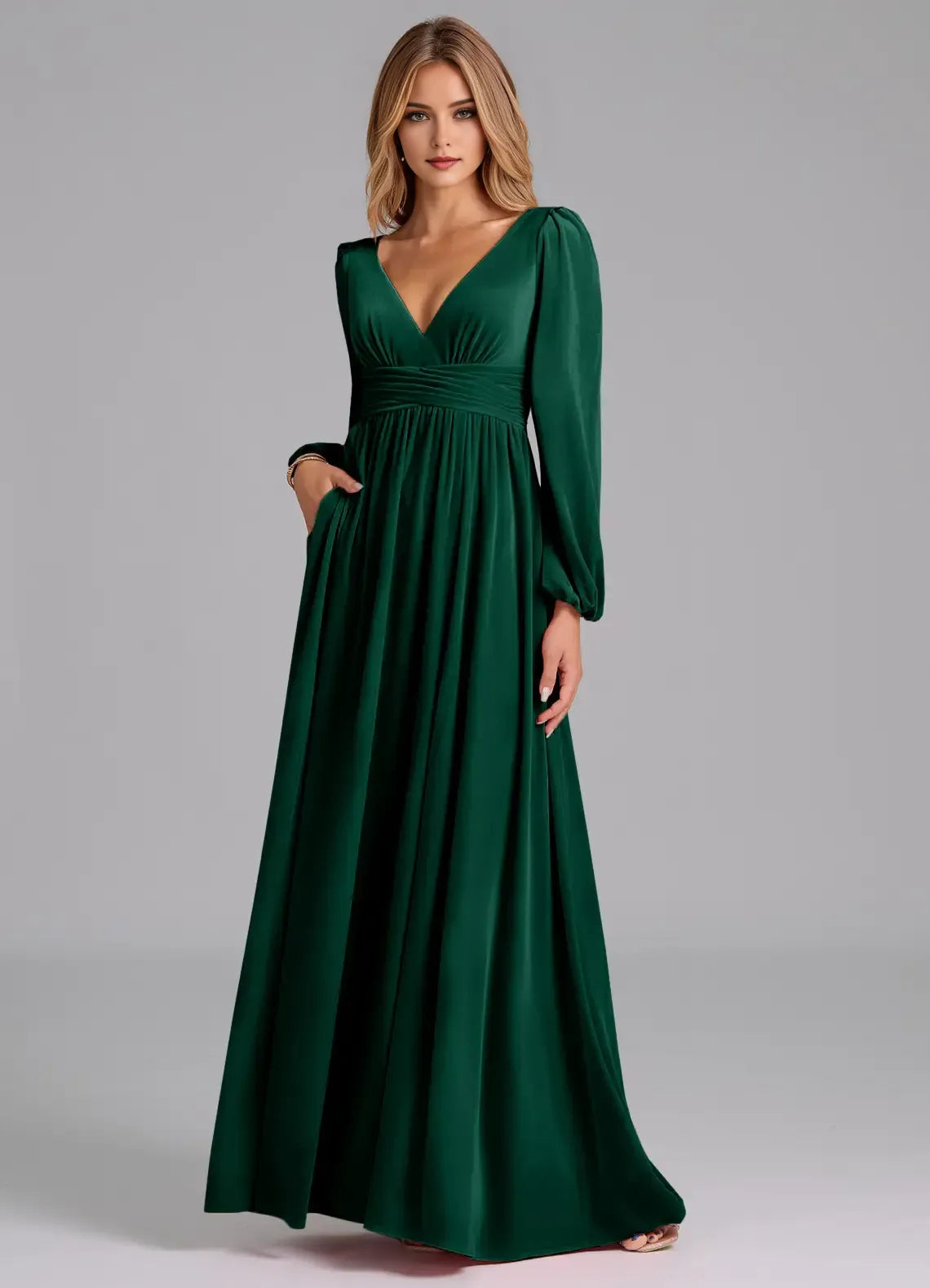 Opulent A-Line Deep V Neck Puff Sleeve Tie Back Floor Length Bridesmaid Dress