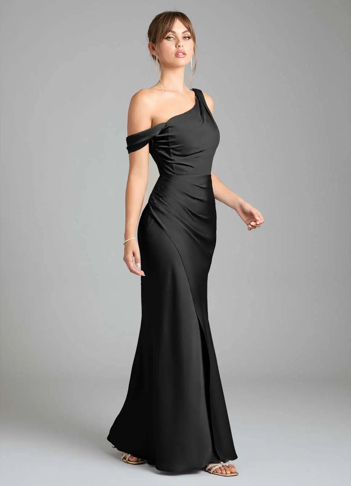 Opulent Bridesmaid Dress with One-Shoulder Neckline, Cowl Back and Ruched Side