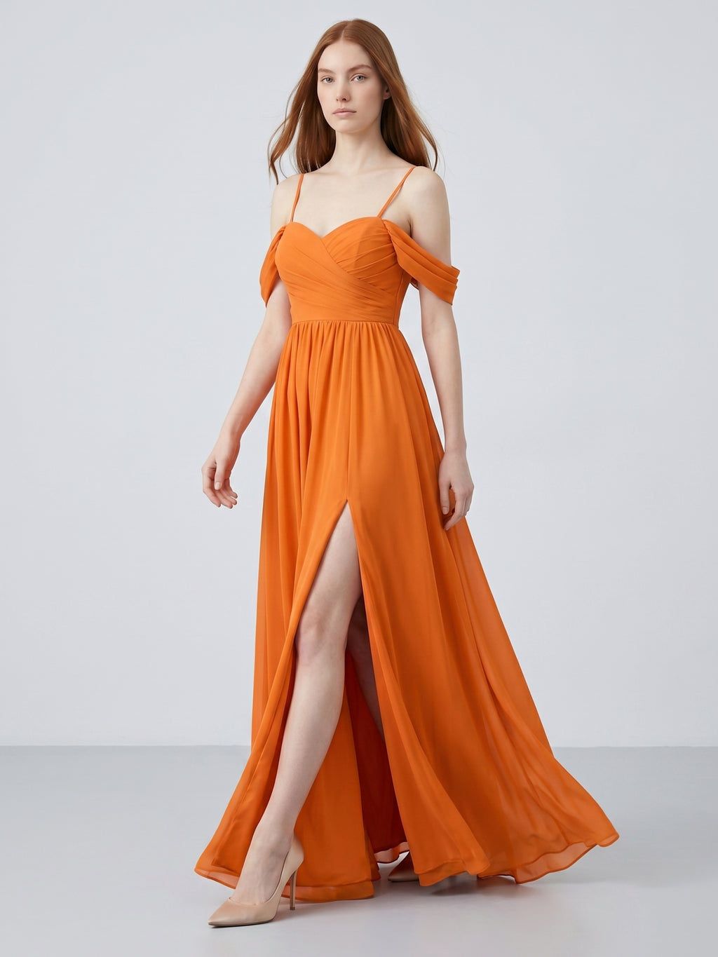Orange Chiffon A-Line Sweetheart Back Zip Floor-Length Bridesmaid Dress with Pleats