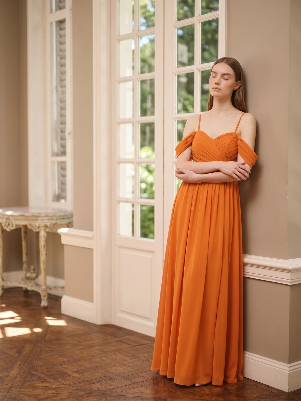 Orange Chiffon A-Line Sweetheart Back Zip Floor-Length Bridesmaid Dress with Pleats